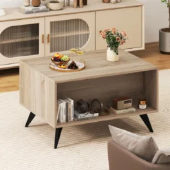 Moderner Couchtisch mit Stauraum Farmhouse-Akzenttisch mit offenen Fächern & 3 Schubladen 80 x 60 x 46 cm Eiche
