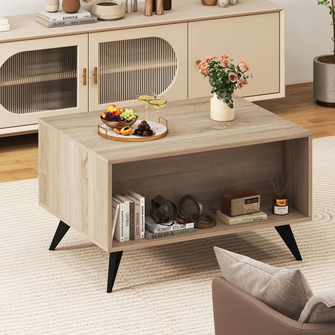 Moderner Couchtisch mit Stauraum Farmhouse-Akzenttisch mit offenen Fächern & 3 Schubladen 80 x 60 x 46 cm Eiche