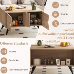 Moderner Couchtisch mit Stauraum Farmhouse-Akzenttisch mit offenen Fächern & 3 Schubladen 80 x 60 x 46 cm Eiche
