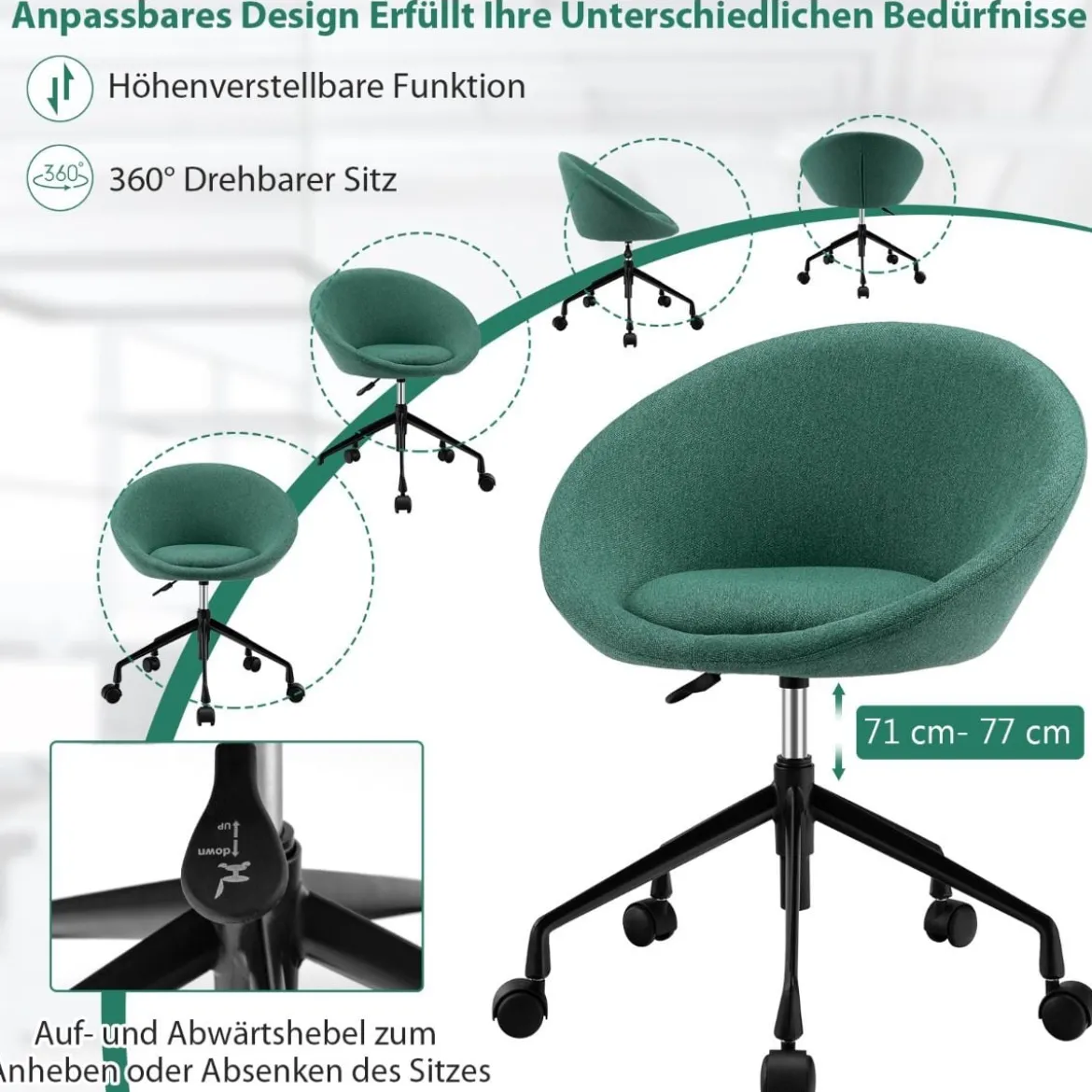 Moderner Drehstuhl aus Leinenstoff mit höhenverstellbarem Sitz und flexiblen Rollen Grün