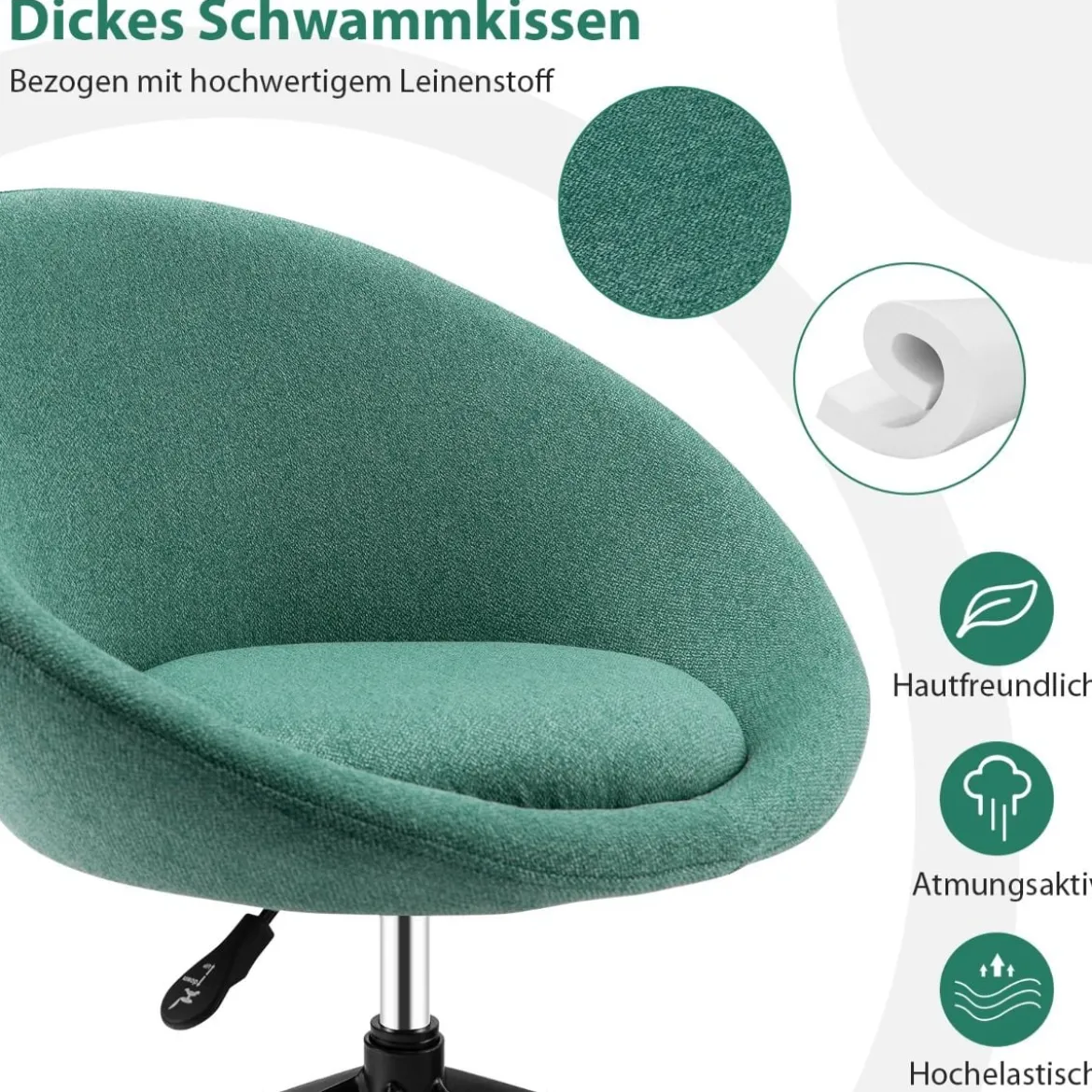 Moderner Drehstuhl aus Leinenstoff mit höhenverstellbarem Sitz und flexiblen Rollen Grün