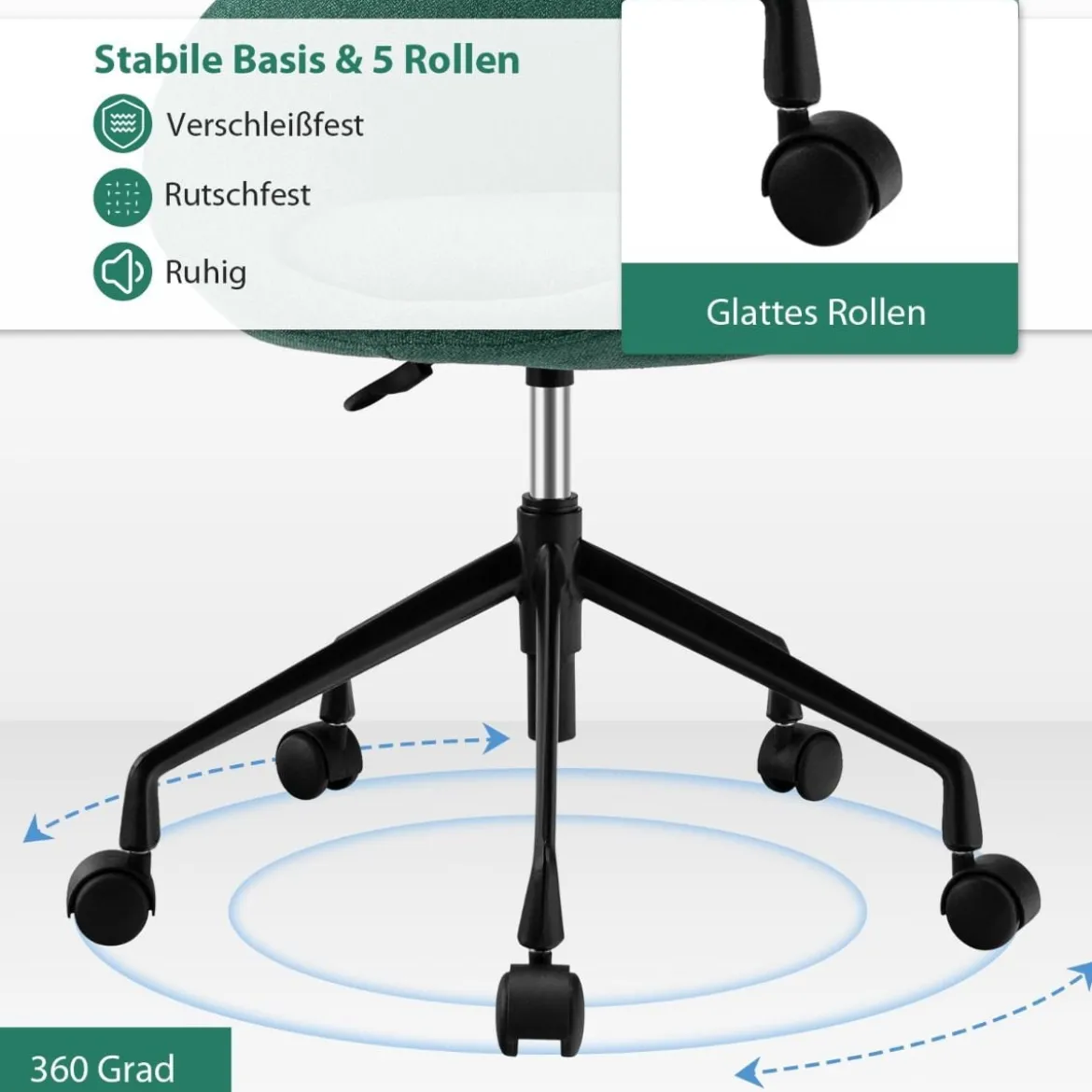 Moderner Drehstuhl aus Leinenstoff mit höhenverstellbarem Sitz und flexiblen Rollen Grün