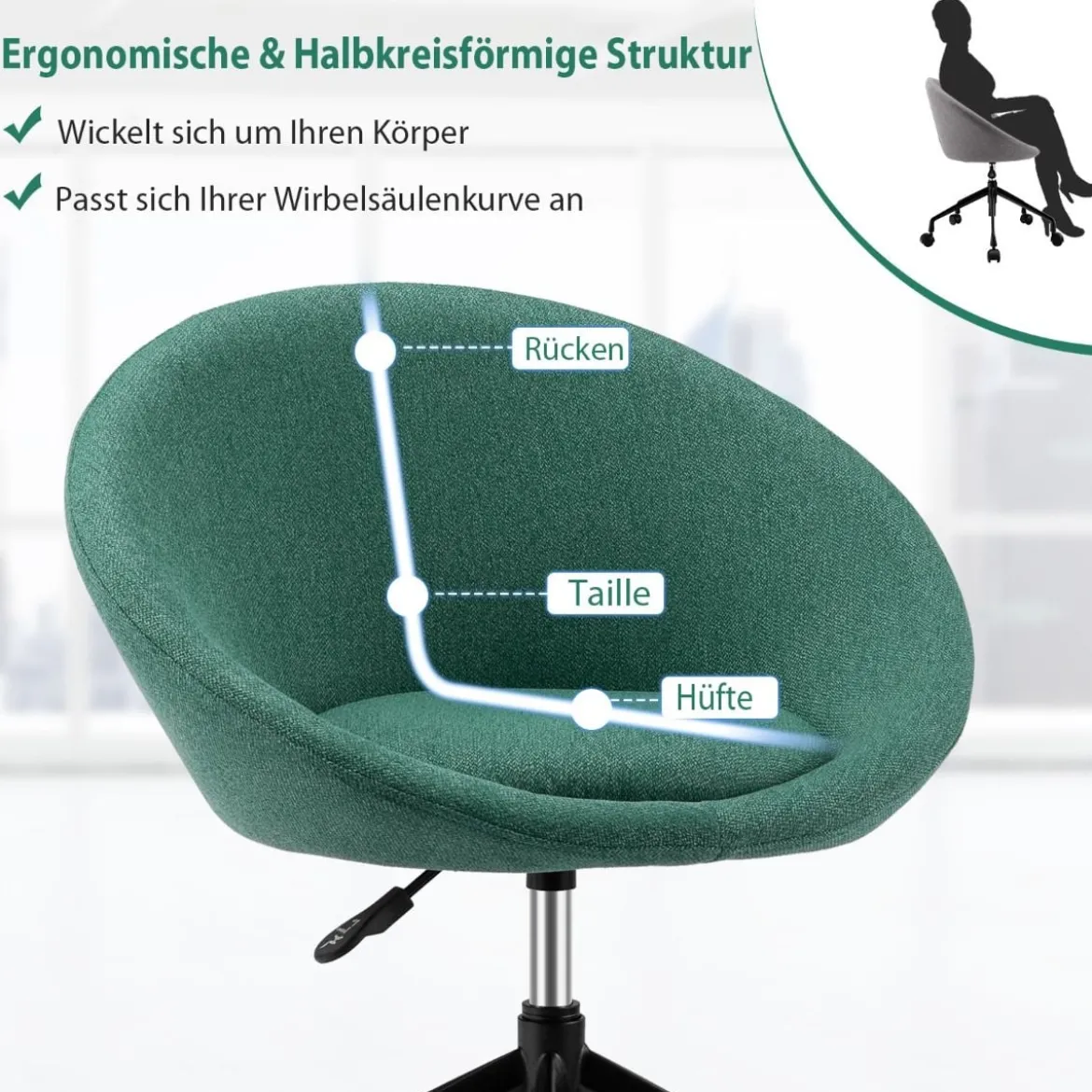 Moderner Drehstuhl aus Leinenstoff mit höhenverstellbarem Sitz und flexiblen Rollen Grün