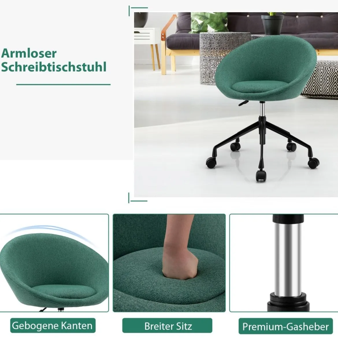 Moderner Drehstuhl aus Leinenstoff mit höhenverstellbarem Sitz und flexiblen Rollen Grün