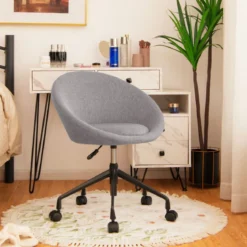 Moderner Drehstuhl aus Leinenstoff mit höhenverstellbarem Sitz und flexiblen Rollen Grau