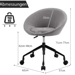 Moderner Drehstuhl aus Leinenstoff mit höhenverstellbarem Sitz und flexiblen Rollen Grau