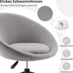 Moderner Drehstuhl aus Leinenstoff mit höhenverstellbarem Sitz und flexiblen Rollen Grau