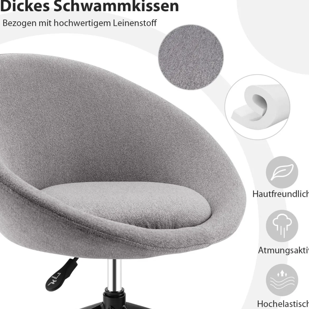 Moderner Drehstuhl aus Leinenstoff mit höhenverstellbarem Sitz und flexiblen Rollen Grau