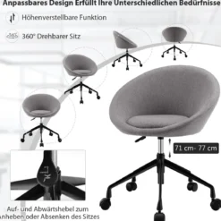 Moderner Drehstuhl aus Leinenstoff mit höhenverstellbarem Sitz und flexiblen Rollen Grau