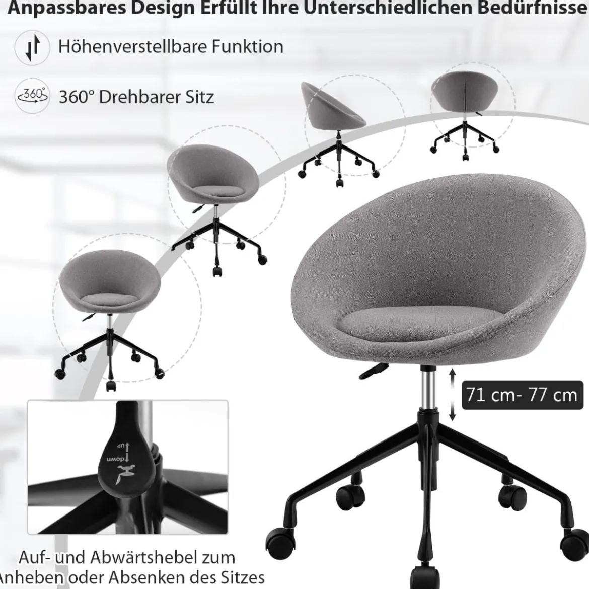 Moderner Drehstuhl aus Leinenstoff mit höhenverstellbarem Sitz und flexiblen Rollen Grau