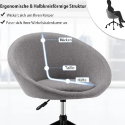 Moderner Drehstuhl aus Leinenstoff mit höhenverstellbarem Sitz und flexiblen Rollen Grau