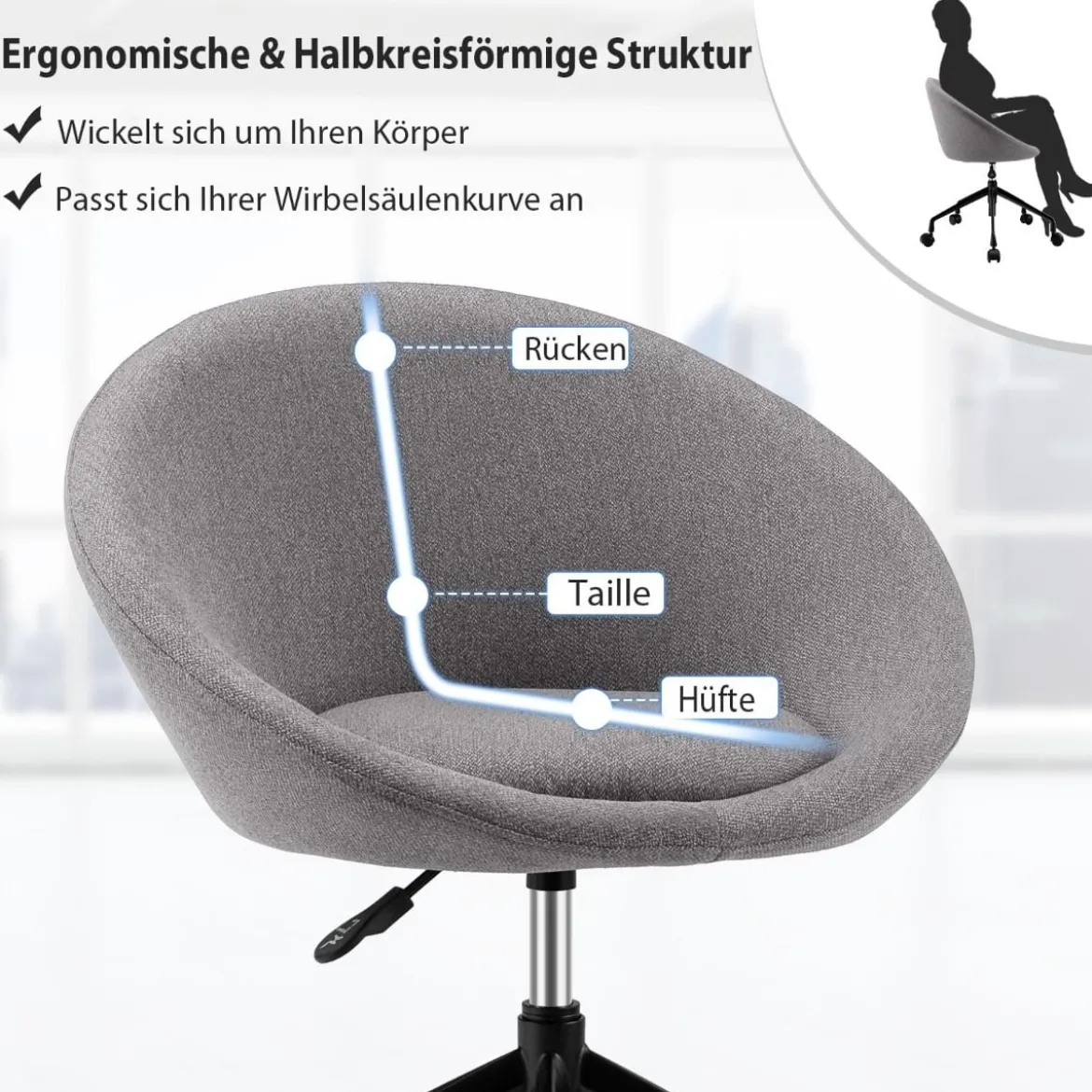 Moderner Drehstuhl aus Leinenstoff mit höhenverstellbarem Sitz und flexiblen Rollen Grau