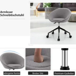 Moderner Drehstuhl aus Leinenstoff mit höhenverstellbarem Sitz und flexiblen Rollen Grau