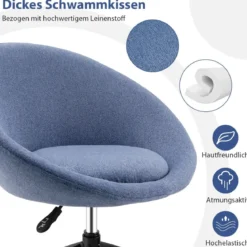 Moderner Drehstuhl aus Leinenstoff mit höhenverstellbarem Sitz und flexiblen Rollen Blau
