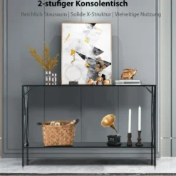 Moderner 2 Ebenen Konsolentisch in X-Form mit Metallrahmen & Kippsicherung Braun