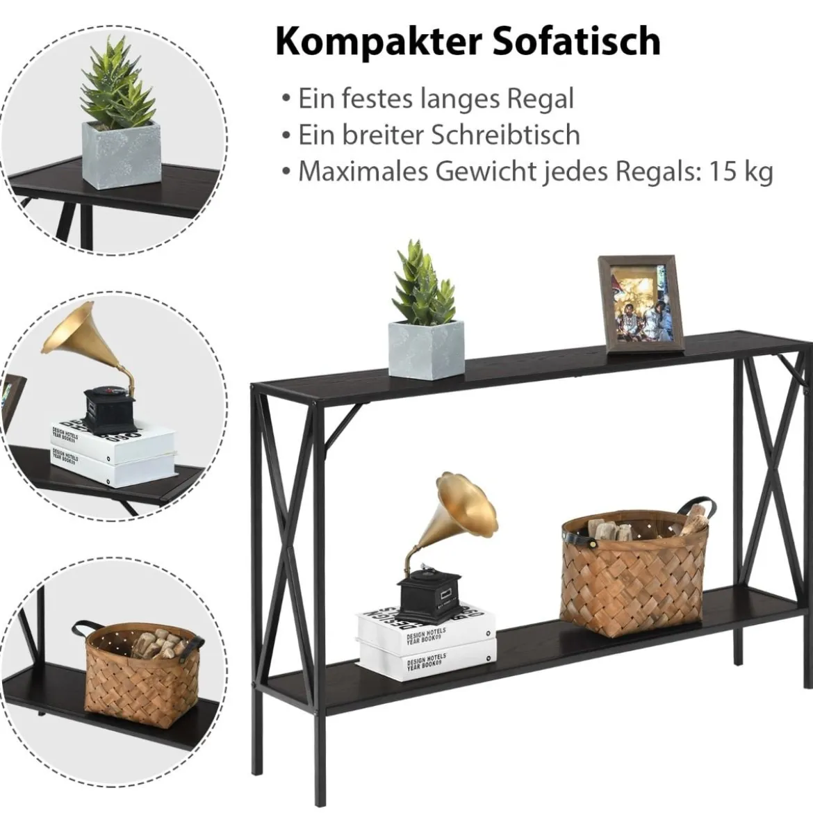 Moderner 2 Ebenen Konsolentisch in X-Form mit Metallrahmen & Kippsicherung Braun