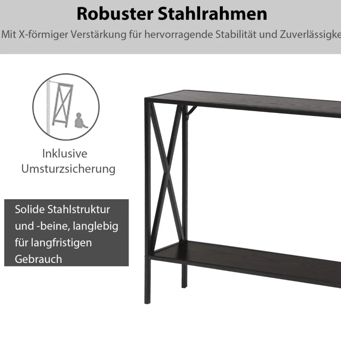 Moderner 2 Ebenen Konsolentisch in X-Form mit Metallrahmen & Kippsicherung Braun