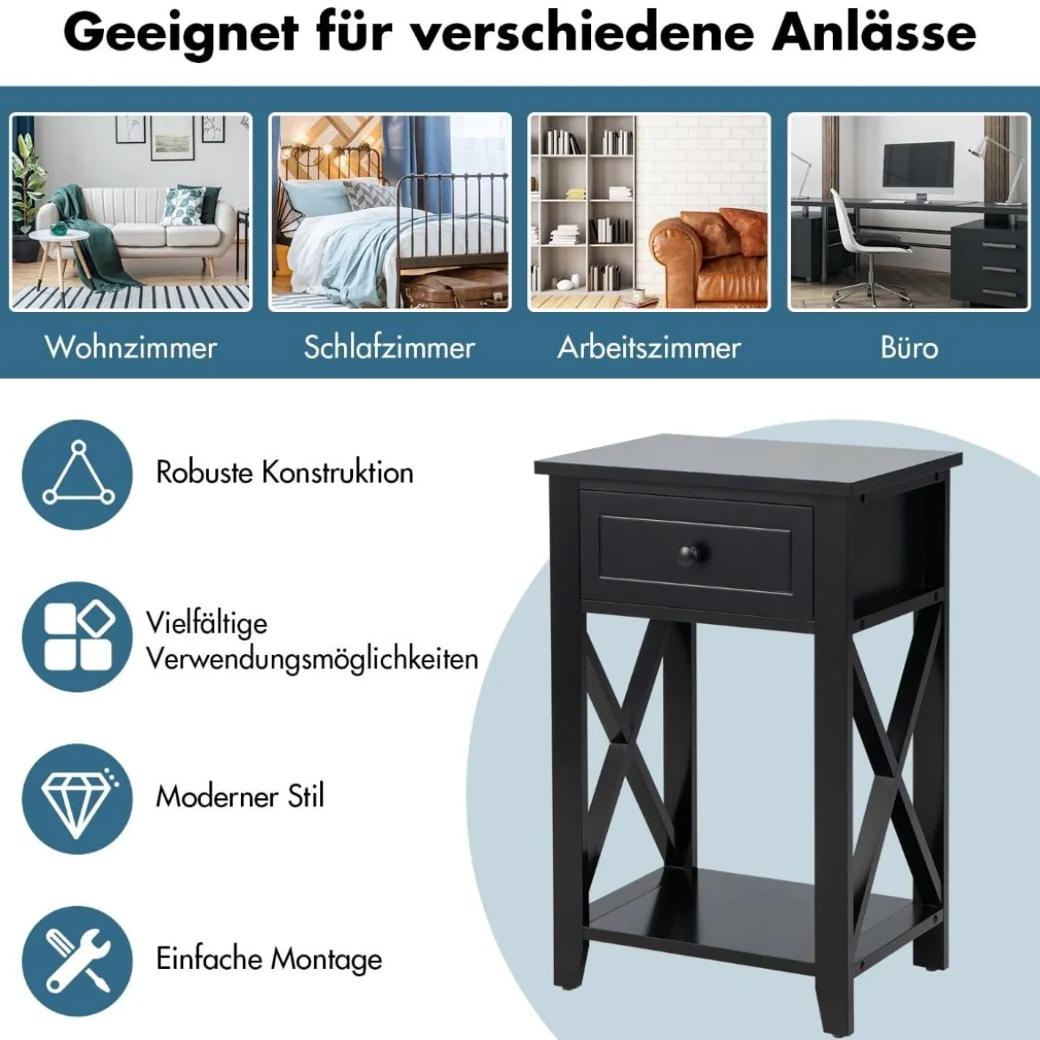 Moderner 2 Ebenen Nachttisch im X-Design mit Schublade 40 x 30 x 61,5 cm (2, Schwarz)
