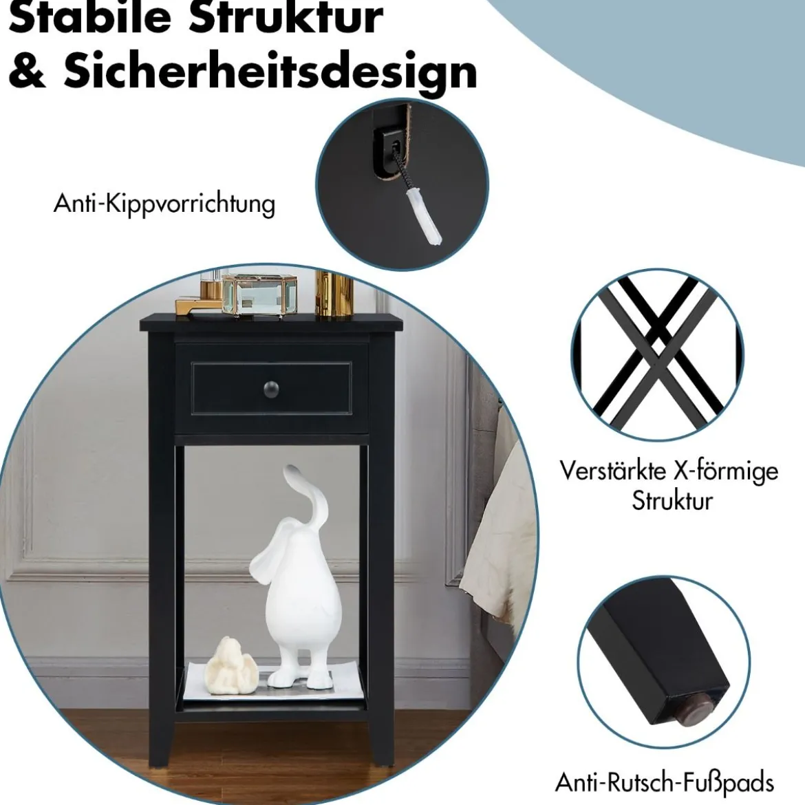 Moderner 2 Ebenen Nachttisch im X-Design mit Schublade 40 x 30 x 61,5 cm (2, Schwarz)