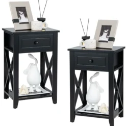 Moderner 2 Ebenen Nachttisch im X-Design mit Schublade 40 x 30 x 61,5 cm (2, Schwarz)