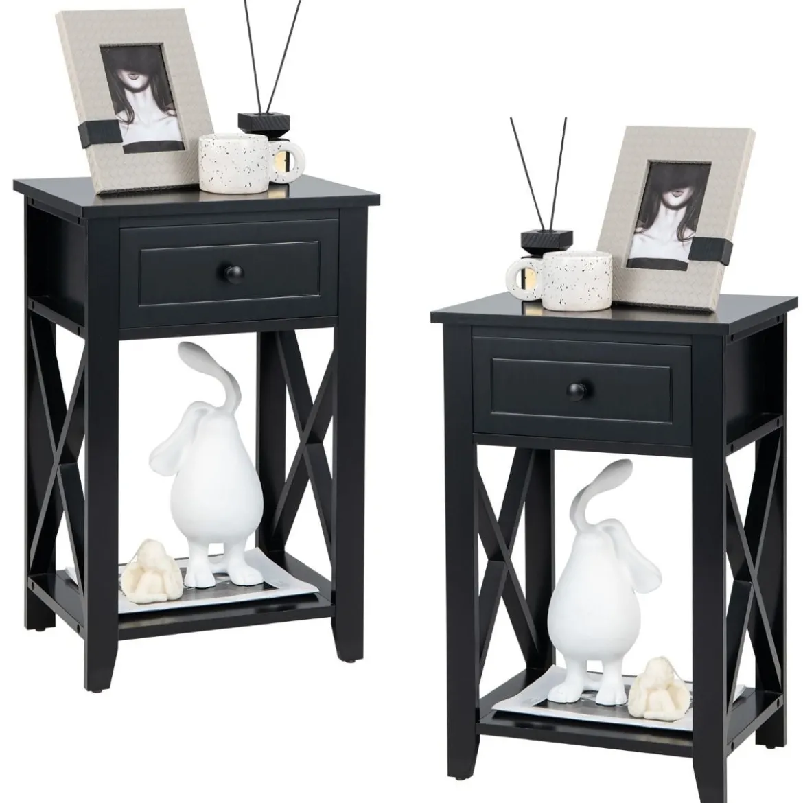 Moderner 2 Ebenen Nachttisch im X-Design mit Schublade 40 x 30 x 61,5 cm (2, Schwarz)