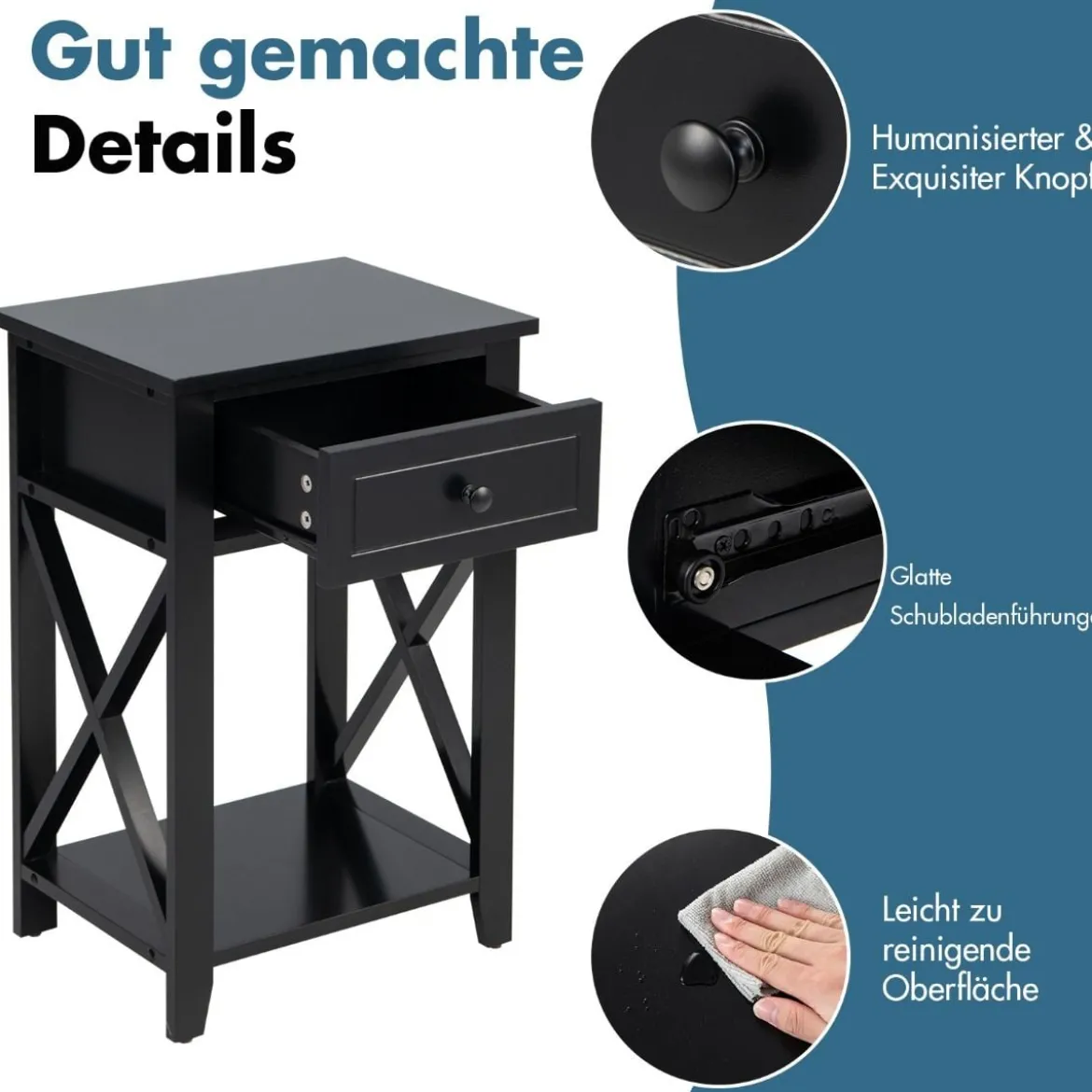 Moderner 2 Ebenen Nachttisch im X-Design mit Schublade 40 x 30 x 61,5 cm (2, Schwarz)