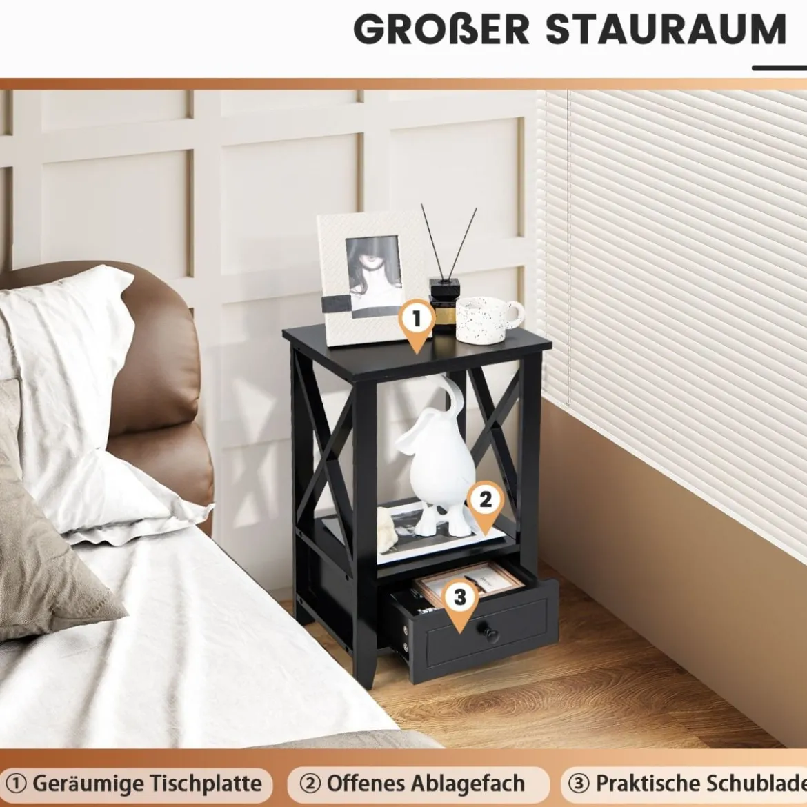 Moderner 2 Ebenen Nachttisch im X-Design mit Schublade 40 x 30 x 61,5 cm Schwarz