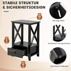 Moderner 2 Ebenen Nachttisch im X-Design mit Schublade 40 x 30 x 61,5 cm Schwarz