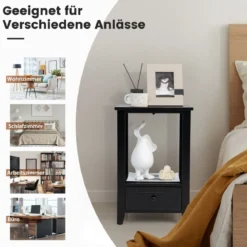 Moderner 2 Ebenen Nachttisch im X-Design mit Schublade 40 x 30 x 61,5 cm Schwarz