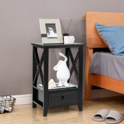 Moderner 2 Ebenen Nachttisch im X-Design mit Schublade 40 x 30 x 61,5 cm Schwarz
