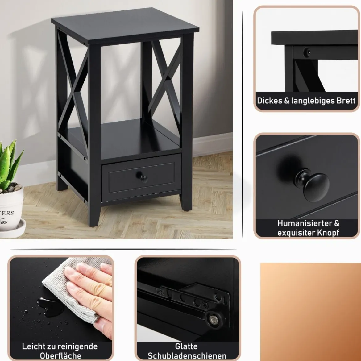Moderner 2 Ebenen Nachttisch im X-Design mit Schublade 40 x 30 x 61,5 cm Schwarz