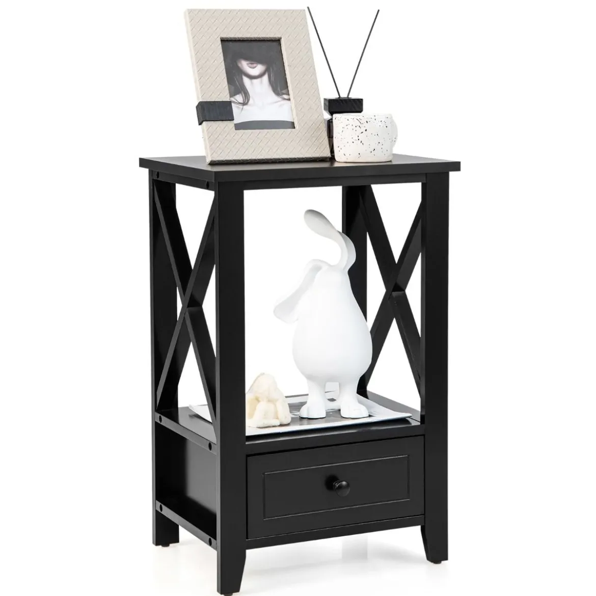 Moderner 2 Ebenen Nachttisch im X-Design mit Schublade 40 x 30 x 61,5 cm Schwarz