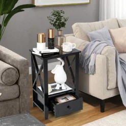 Moderner 2 Ebenen Nachttisch im X-Design mit Schublade 40 x 30 x 61,5 cm Schwarz