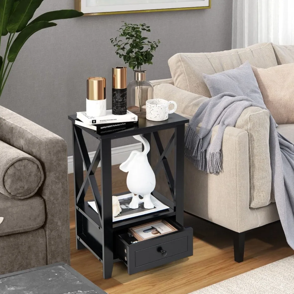 Moderner 2 Ebenen Nachttisch im X-Design mit Schublade 40 x 30 x 61,5 cm Schwarz