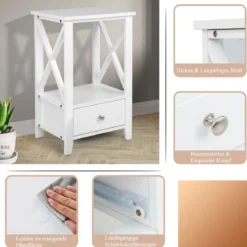 Moderner 2 Ebenen Nachttisch im X-Design mit Schublade 40 x 30 x 61,5 cm Weiß