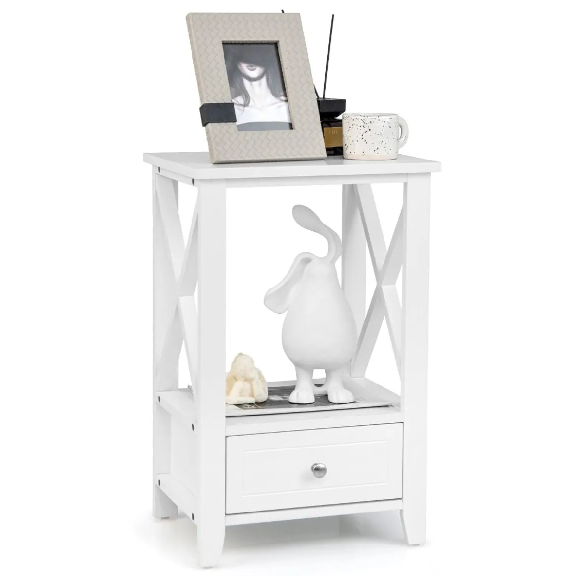 Moderner 2 Ebenen Nachttisch im X-Design mit Schublade 40 x 30 x 61,5 cm Weiß