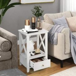 Moderner 2 Ebenen Nachttisch im X-Design mit Schublade 40 x 30 x 61,5 cm Weiß