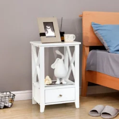 Moderner 2 Ebenen Nachttisch im X-Design mit Schublade 40 x 30 x 61,5 cm Weiß