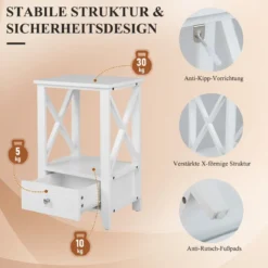 Moderner 2 Ebenen Nachttisch im X-Design mit Schublade 40 x 30 x 61,5 cm Weiß