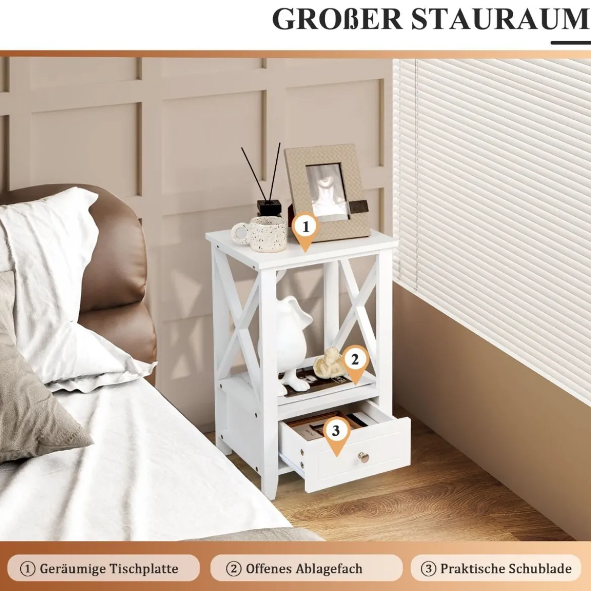 Moderner 2 Ebenen Nachttisch im X-Design mit Schublade 40 x 30 x 61,5 cm Weiß