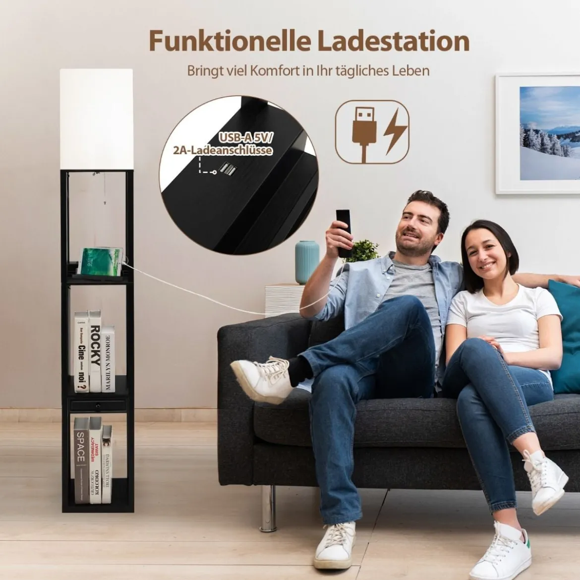 Moderne Regal-Stehlampe Dimmbare Standlampe mit Schublade 26 x 26 x 159,5 cm