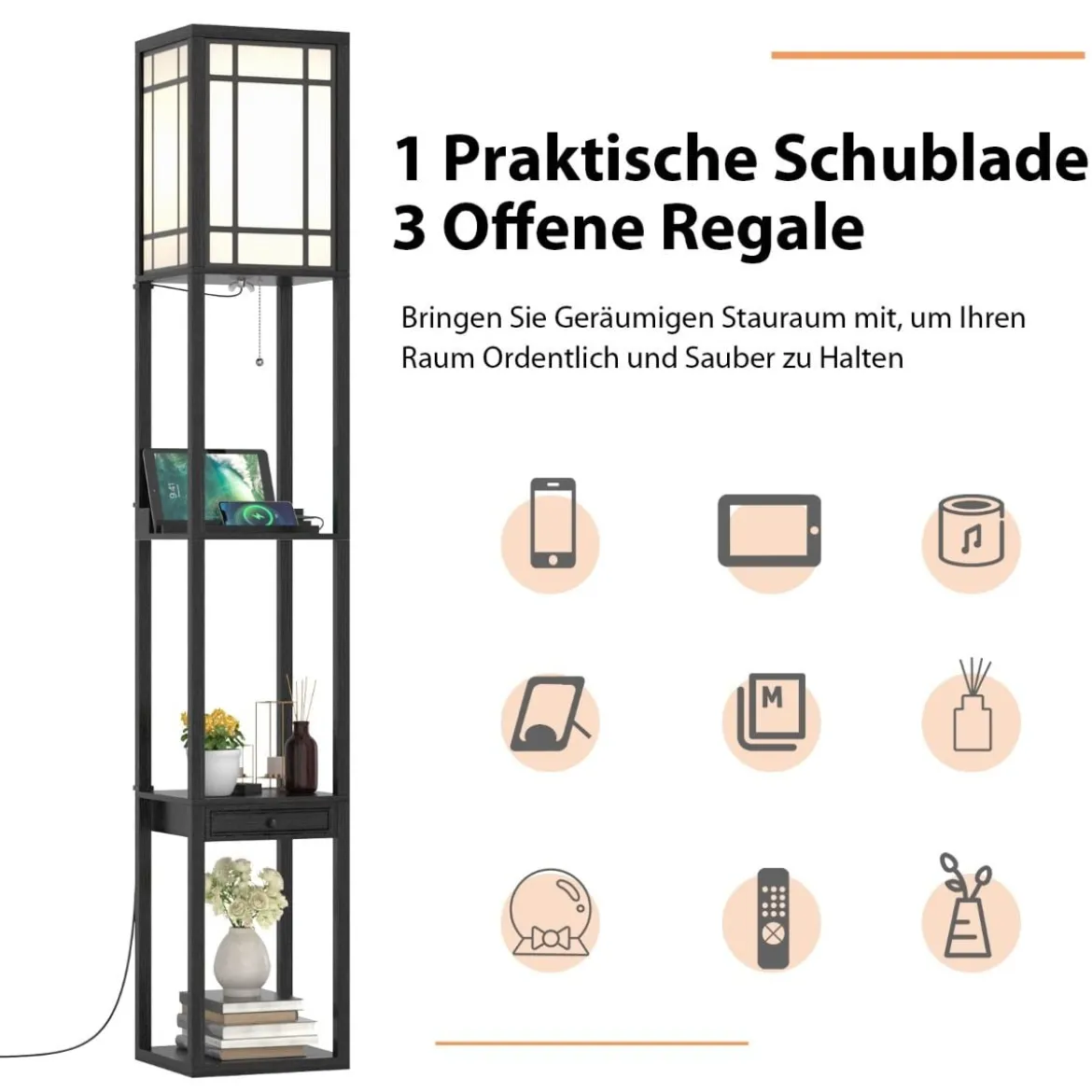 Moderne Regal-Stehlampe für Wohnzimmer und Schlafzimmer 26 x 26 x 160,5 cm Schwarz