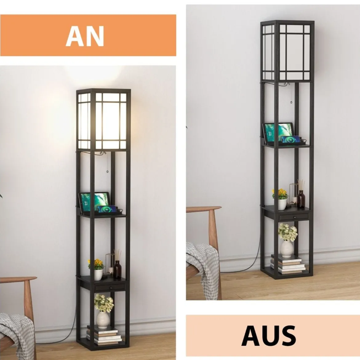 Moderne Regal-Stehlampe für Wohnzimmer und Schlafzimmer 26 x 26 x 160,5 cm Schwarz