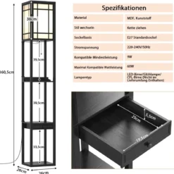 Moderne Regal-Stehlampe für Wohnzimmer und Schlafzimmer 26 x 26 x 160,5 cm Schwarz