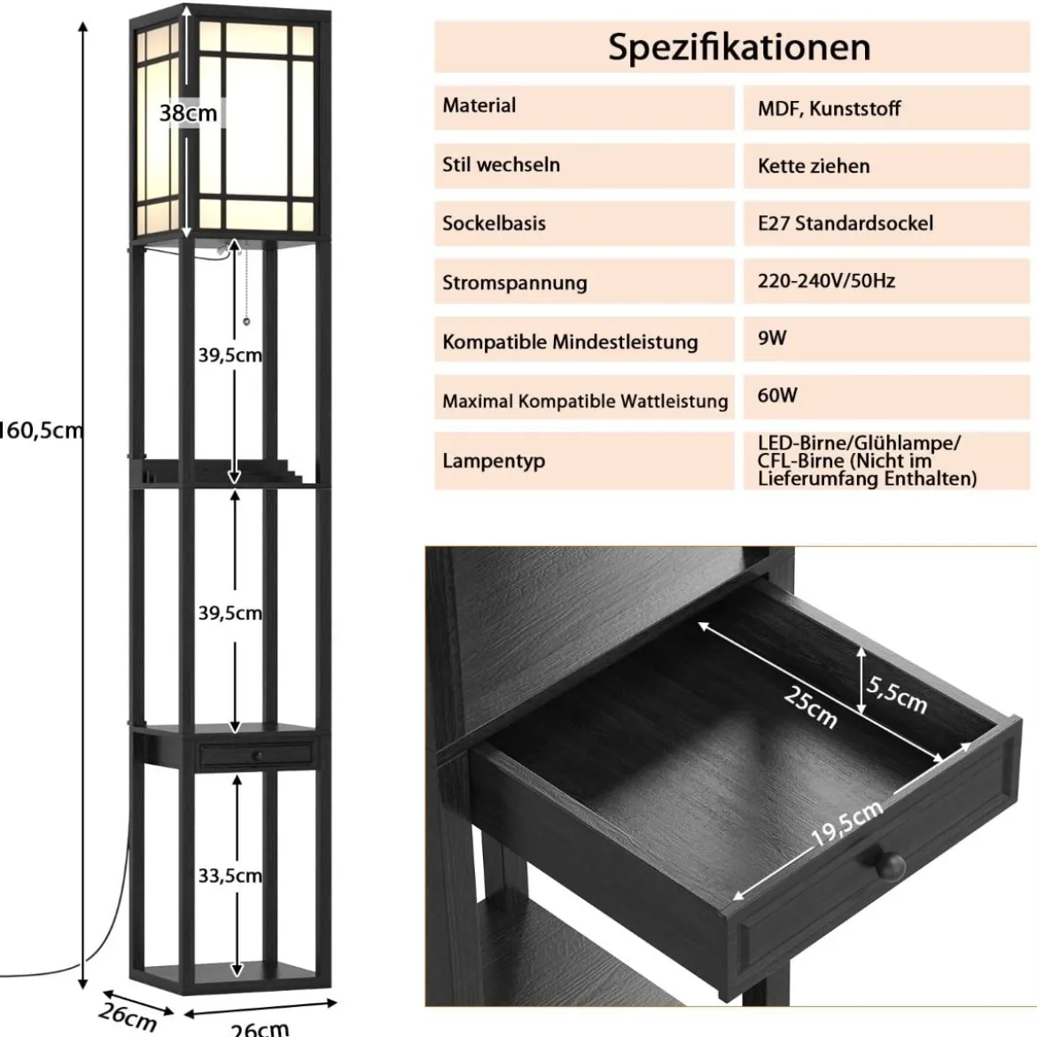 Moderne Regal-Stehlampe für Wohnzimmer und Schlafzimmer 26 x 26 x 160,5 cm Schwarz