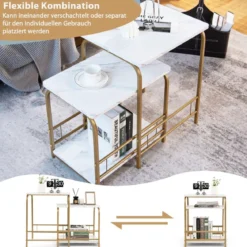 Moderner 2er Couchtisch Set Marmor Optik mit goldenen Beinen Weiß & Golden