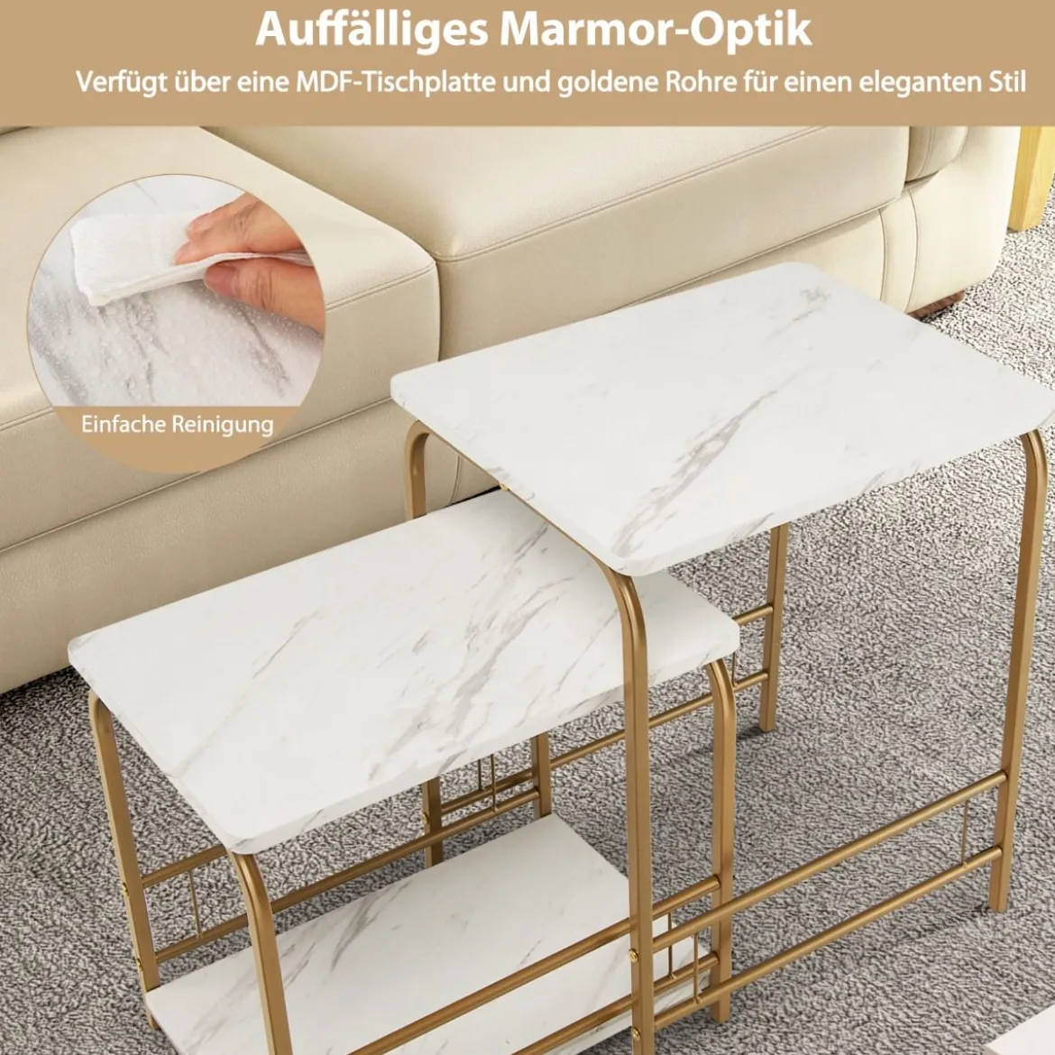 Moderner 2er Couchtisch Set Marmor Optik mit goldenen Beinen Weiß & Golden