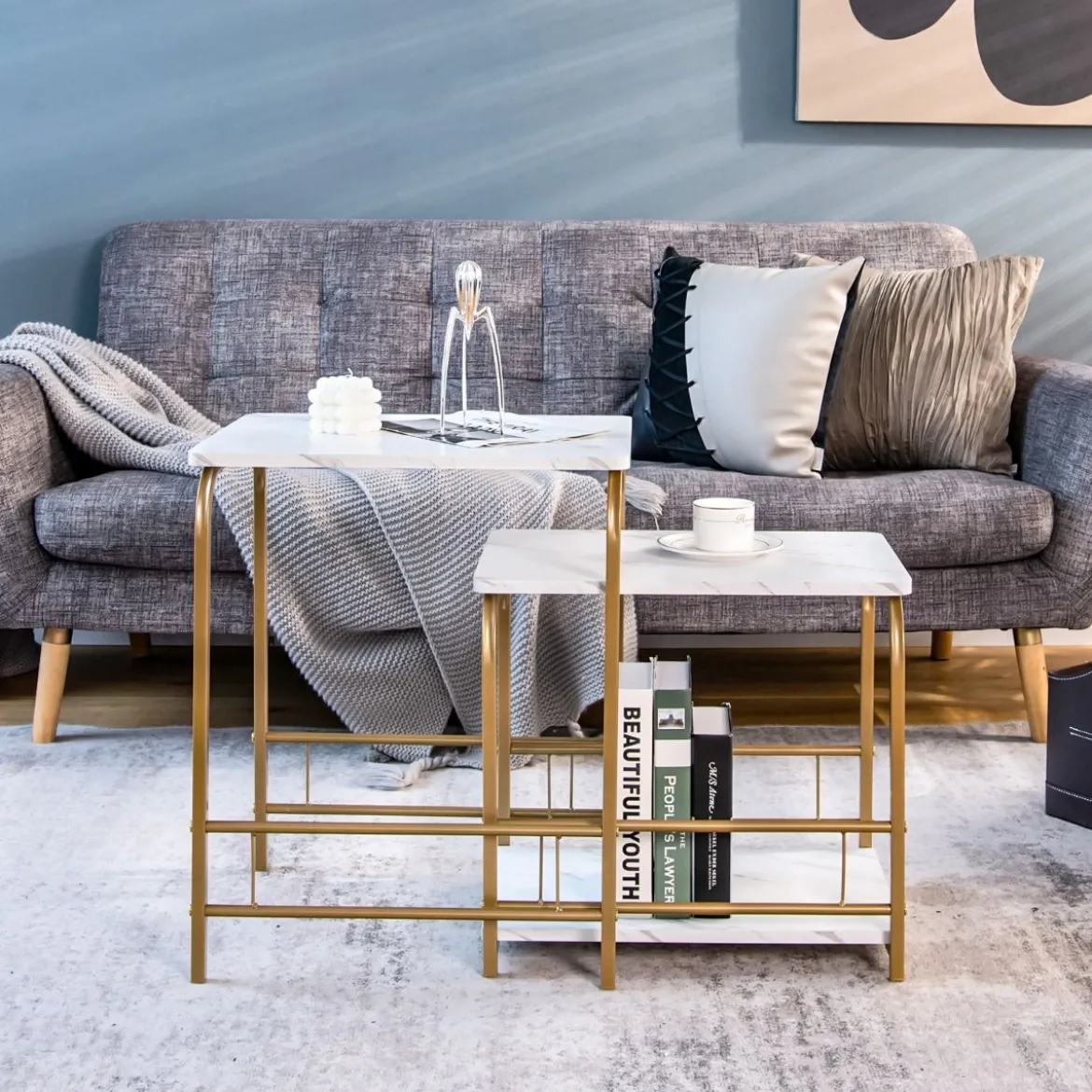 Moderner 2er Couchtisch Set Marmor Optik mit goldenen Beinen Weiß & Golden
