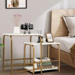 Moderner 2er Couchtisch Set Marmor Optik mit goldenen Beinen Weiß & Golden