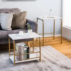 Moderner 2er Couchtisch Set Marmor Optik mit goldenen Beinen Weiß & Golden
